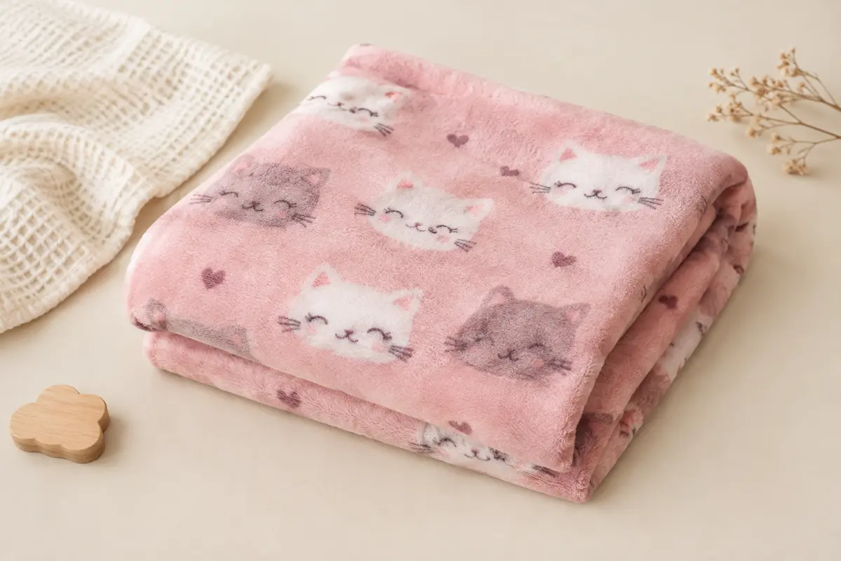 Couverture bébé en polaire rose à motif de chat, pliée sur un fond crème près d’un élément en bois clair.