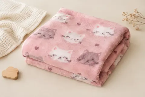 Couverture bébé en polaire rose à motif de chat, pliée sur un fond crème près d’un élément en bois clair.