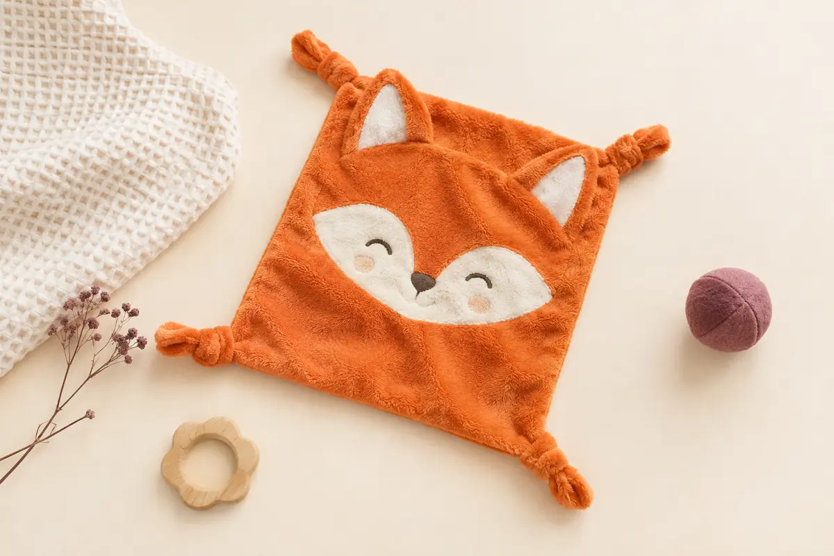 Doudou carré en polaire douce avec un motif de visage de renard orange sur fond crème