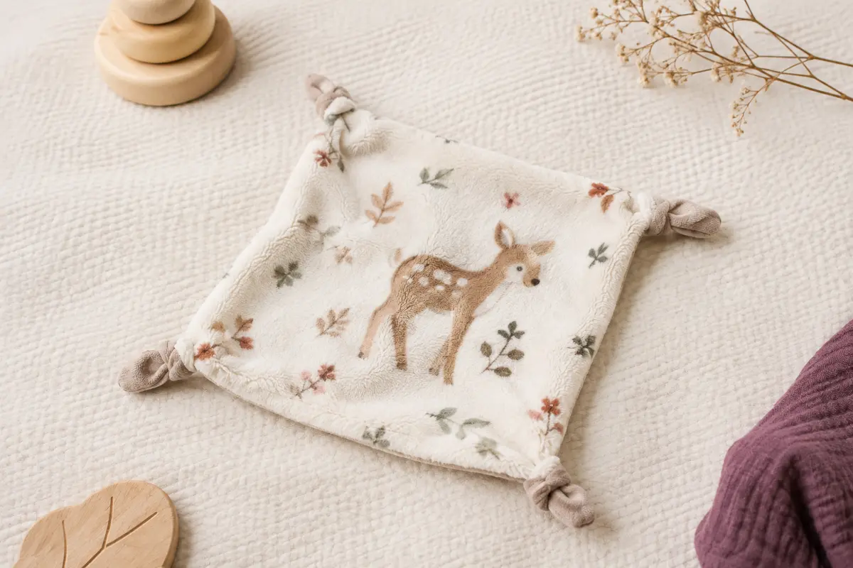 Doudou couverture carré en micro-polaire avec motif de cerf, posé sur un fond crème texturé.