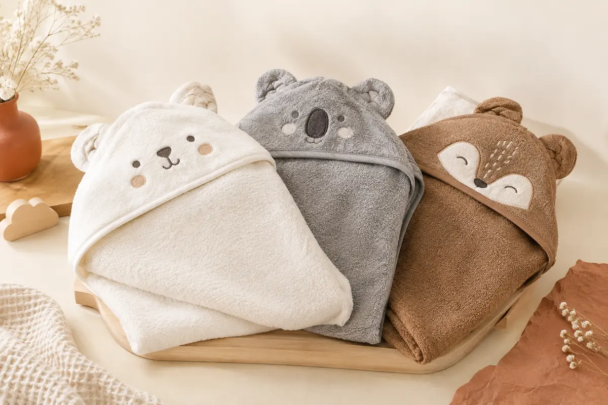 Trois capes de bain bébé en bambou à capuche et motifs animaliers, présentées sur un fond crème