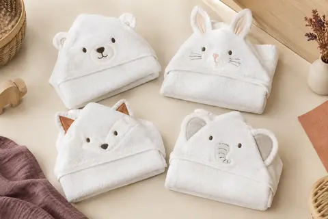 Quatre capes de bain blanches à capuche pour bébé, avec des visages d’animaux aux détails brodés