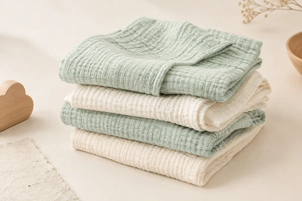 Quatre langes en mousseline de coton biologique, teintes menthe et crème, pliés sur un fond clair