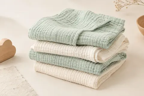 Quatre langes en mousseline de coton biologique, teintes menthe et crème, pliés sur un fond clair
