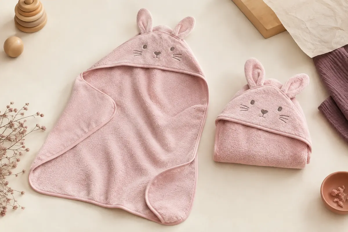 Deux capes de bain bébé en bambou, avec capuches à motif lapin, présentées pliée et dépliée.