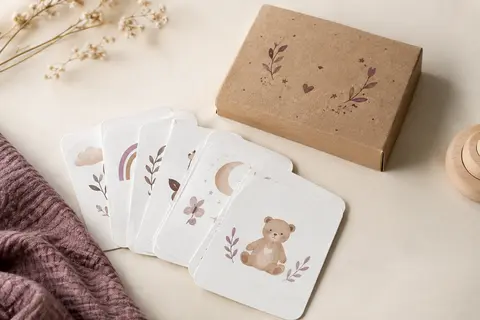 Coffret kraft et cartes étapes bébé en papier blanc texturé disposées en éventail sur un fond crème.