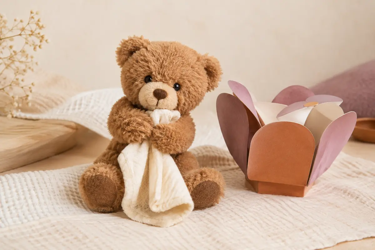 Petit ours en peluche marron tenant un mouchoir crème, présenté près d’une boîte fleur ouverte.