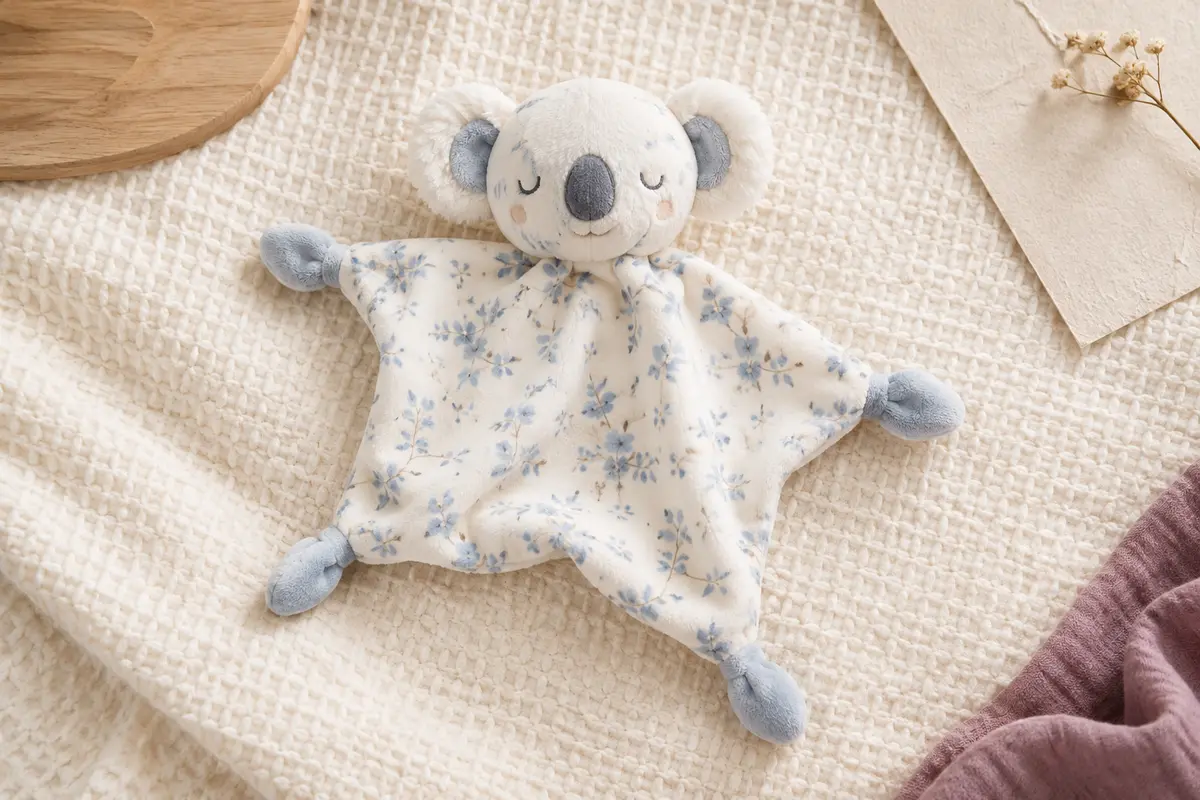 Doudou plat Yoca le Koala blanc et bleu posé sur un fond crème avec du coton gaufré