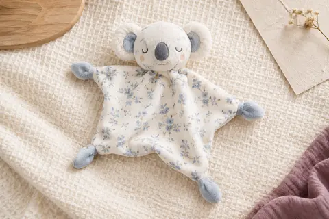 Doudou plat Yoca le Koala blanc et bleu posé sur un fond crème avec du coton gaufré