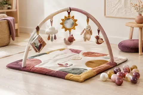 Tapis d’éveil carré avec arche souple, jouets suspendus et balles multicolores sur un fond crème lumineux