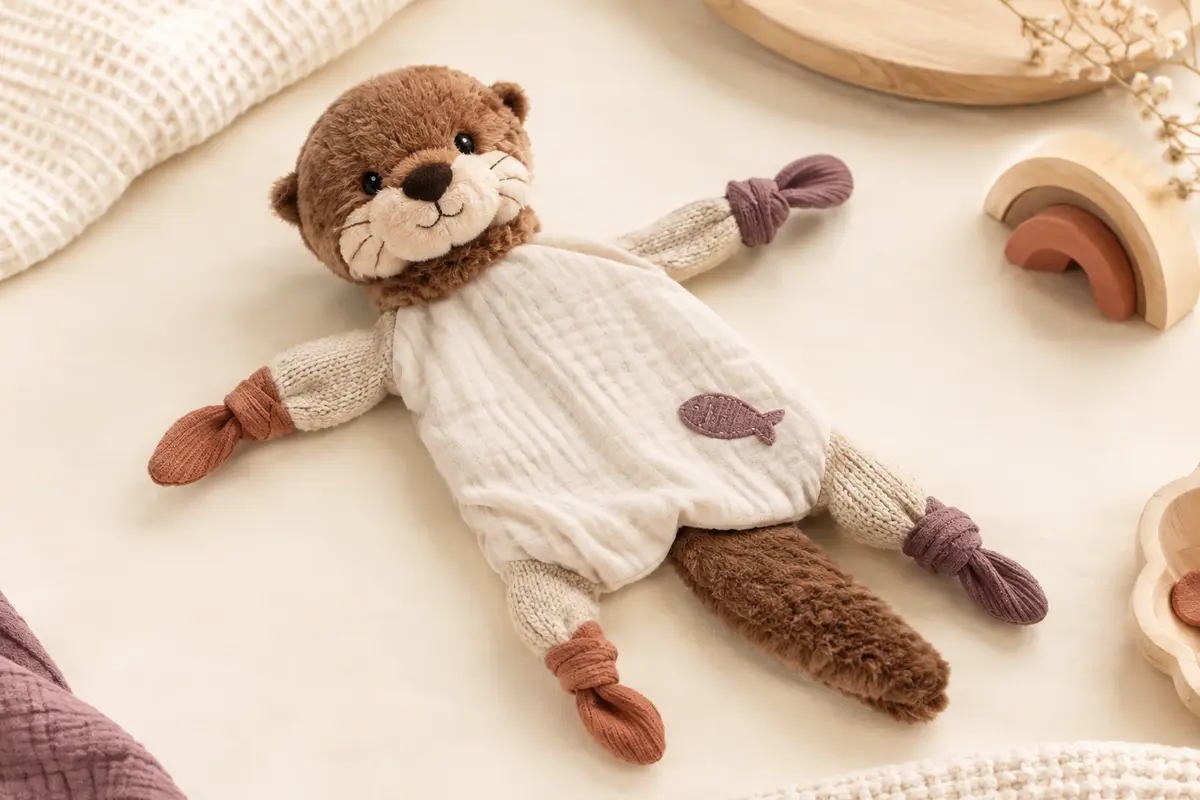 Doudou loutre Fehn en peluche, tricot et mousseline présenté sur un fond crème lumineux