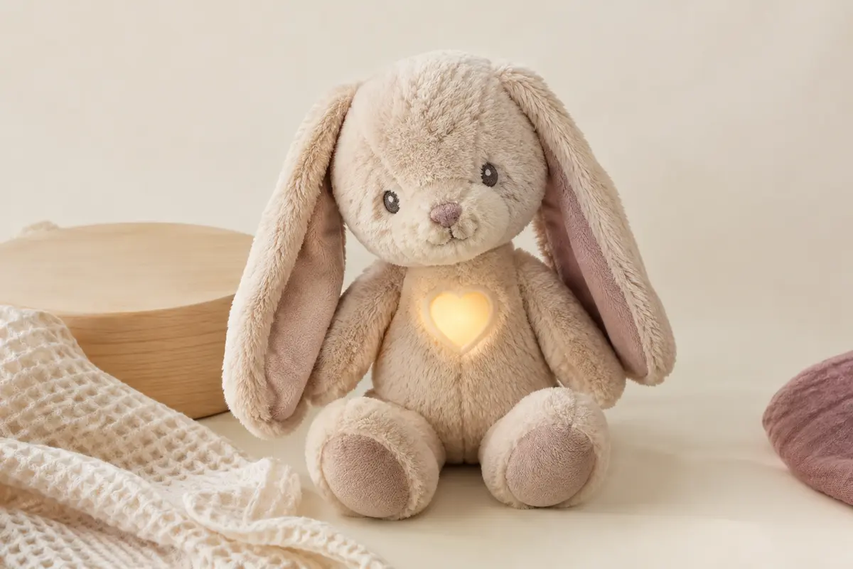 Peluche lapin apaisante à tête mobile et cœur lumineux, posée sur un fond crème près de bois clair