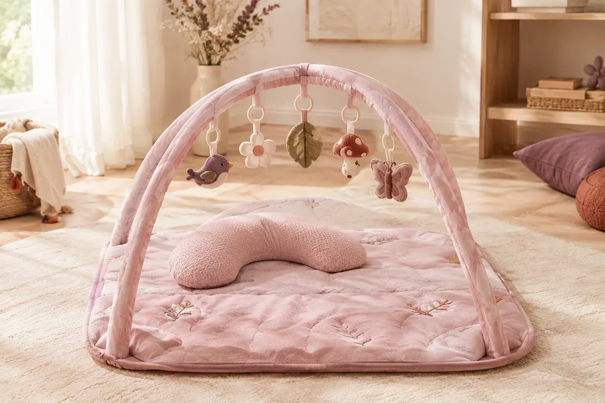 Tapis d’éveil rose avec arche amovible, cinq jouets suspendus et coussin de soutien sur fond clair.