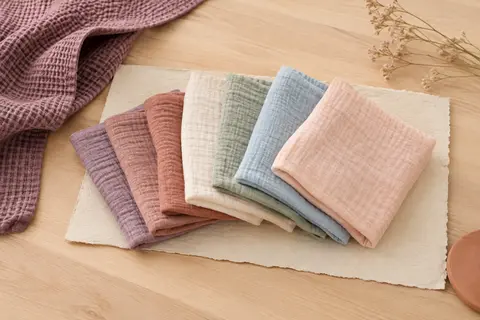 Lot de six carrés de mousseline bébé multicolores pliés sur un fond crème et du bois clair