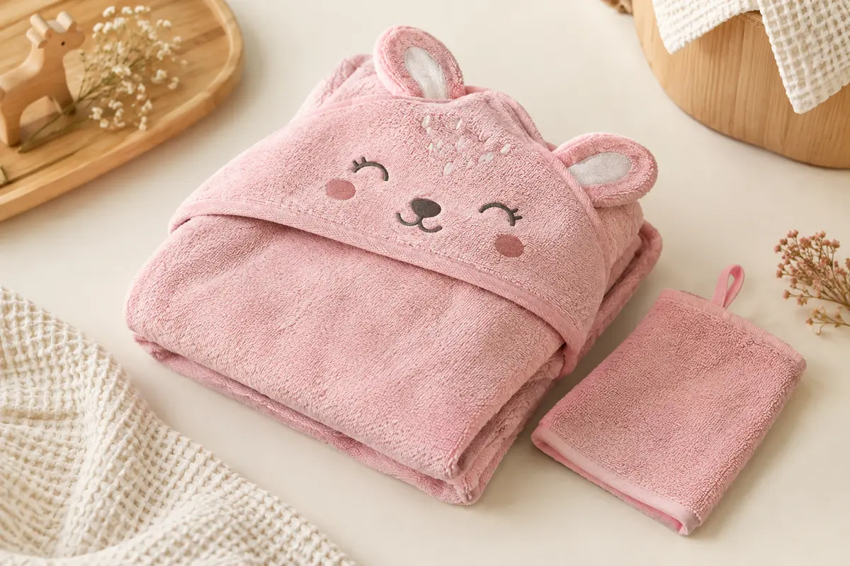 Serviette de bain rose à capuche et motif animal, accompagnée d’une petite serviette à main