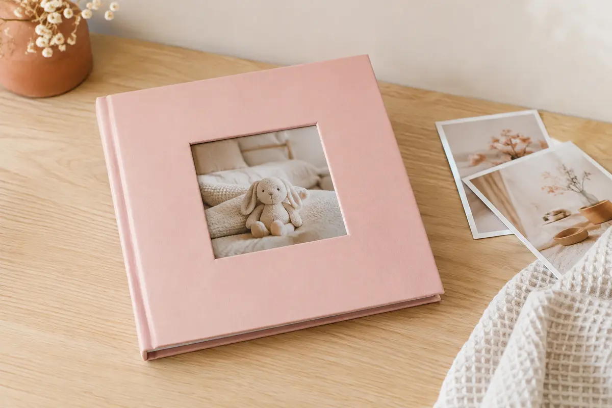 Album bébé rose pastel à pochettes, posé près de quelques tirages photo et d’un tissu gaufré