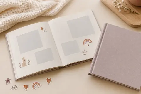 Album de naissance à couverture rigide et motif géométrique, ouvert sur des pages souvenirs avec des autocollants.