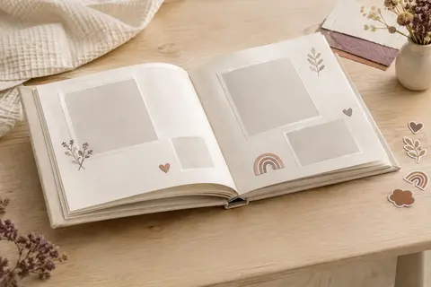 Album de naissance beige à couverture rigide, ouvert sur des pages à compléter avec photos et souvenirs.