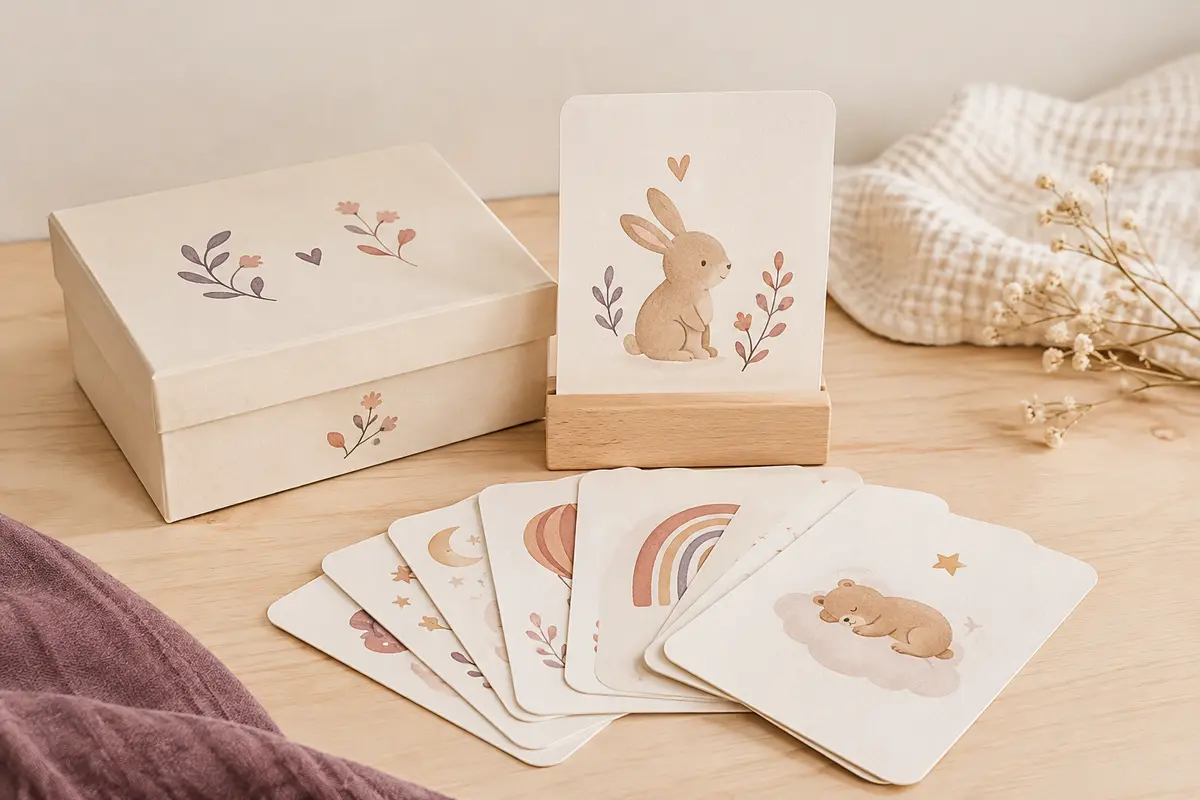 Cartes étapes bébé en papier avec support en bois clair et boîte de rangement