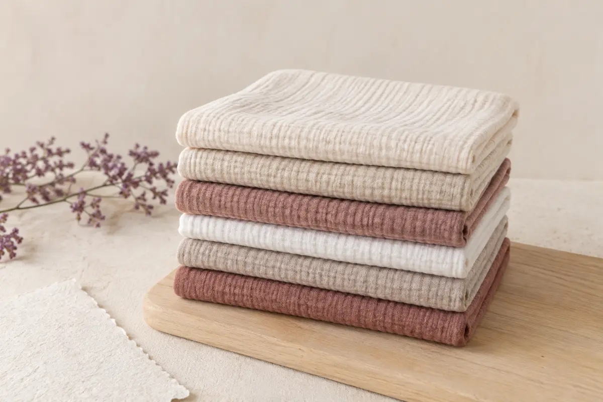 Six langes carrés en gaze de coton pliés sur un fond crème, dans des tons neutres avec une nuance brun rosé.