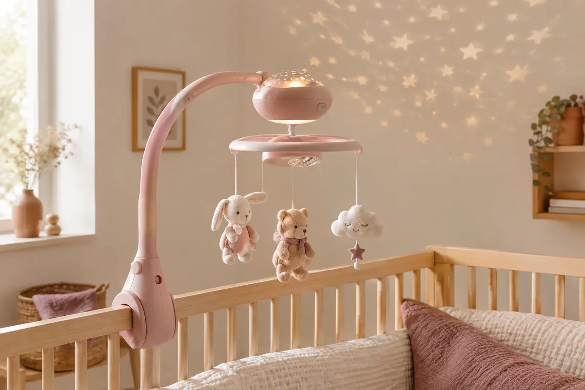 Mobile musical rose avec trois personnages suspendus et projecteur, présenté dans une chambre aux tons crème.