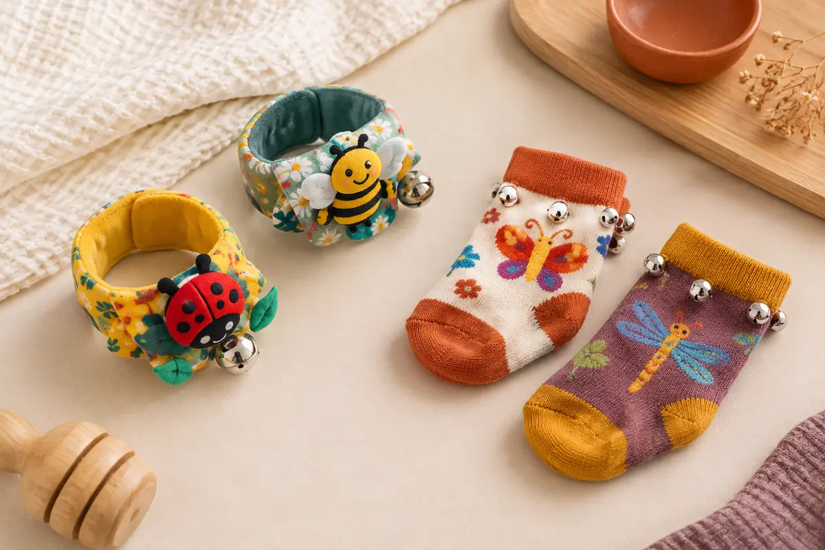 Deux bracelets-hochets et deux chaussettes à grelots multicolores à motifs d’insectes, posés sur un fond crème