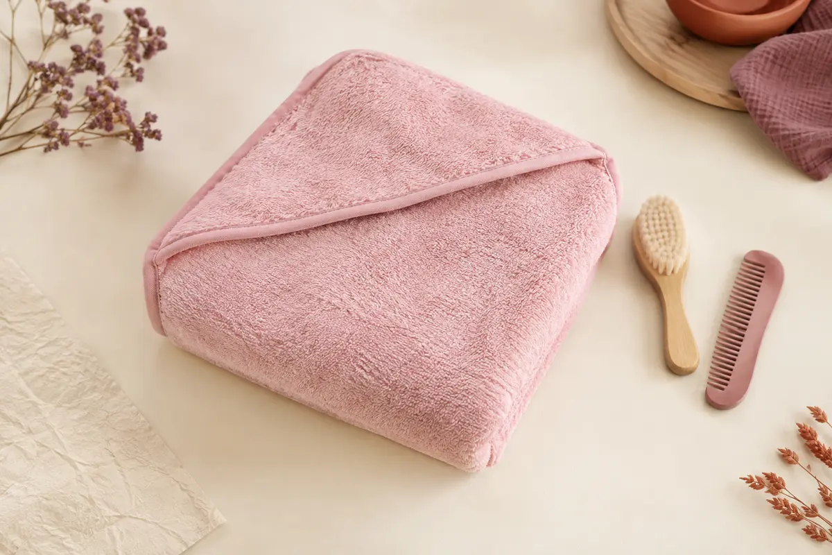 Cape de bain bébé rose en coton éponge avec capuche, accompagnée d’une brosse et d’un peigne assortis.