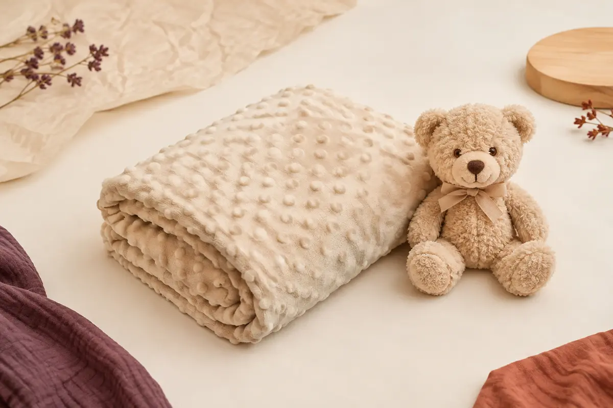 Couverture bébé beige à texture bulles accompagnée d’un petit doudou ours en peluche