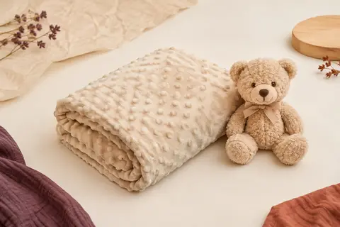 Couverture bébé beige à texture bulles accompagnée d’un petit doudou ours en peluche