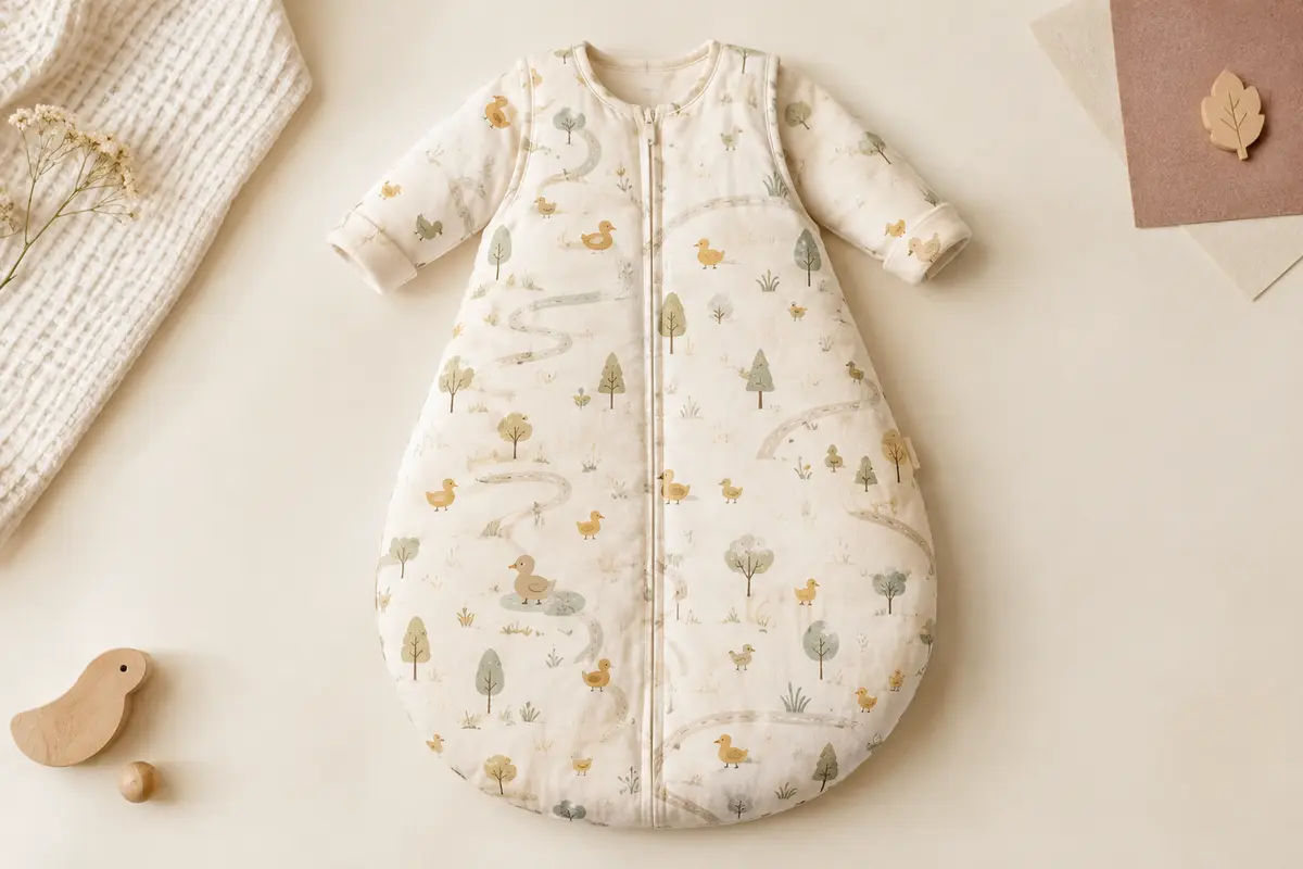 Gigoteuse bébé Jollein en coton imprimée de canards, d’arbres et de petits chemins sur fond crème.