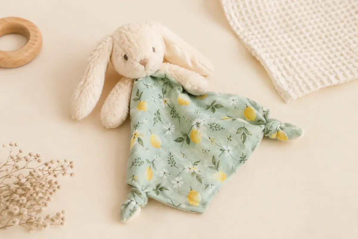 Doudou lapin Kaloo écru associé à un carré vert d’eau imprimé de citrons et de détails champêtres