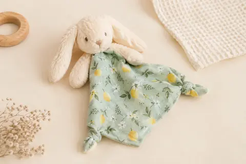 Doudou lapin Kaloo écru associé à un carré vert d’eau imprimé de citrons et de détails champêtres