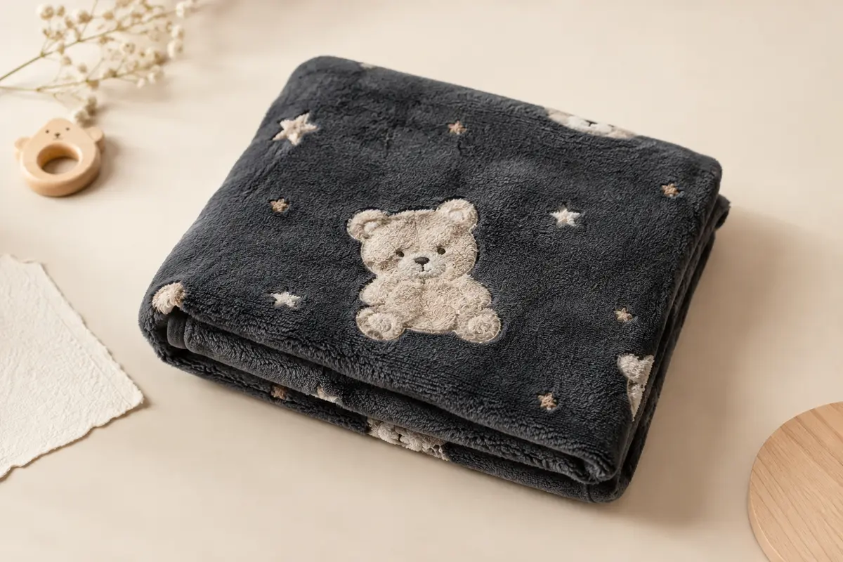 Couverture bébé anthracite avec motif d’ourse en relief, pliée sur un fond crème lumineux