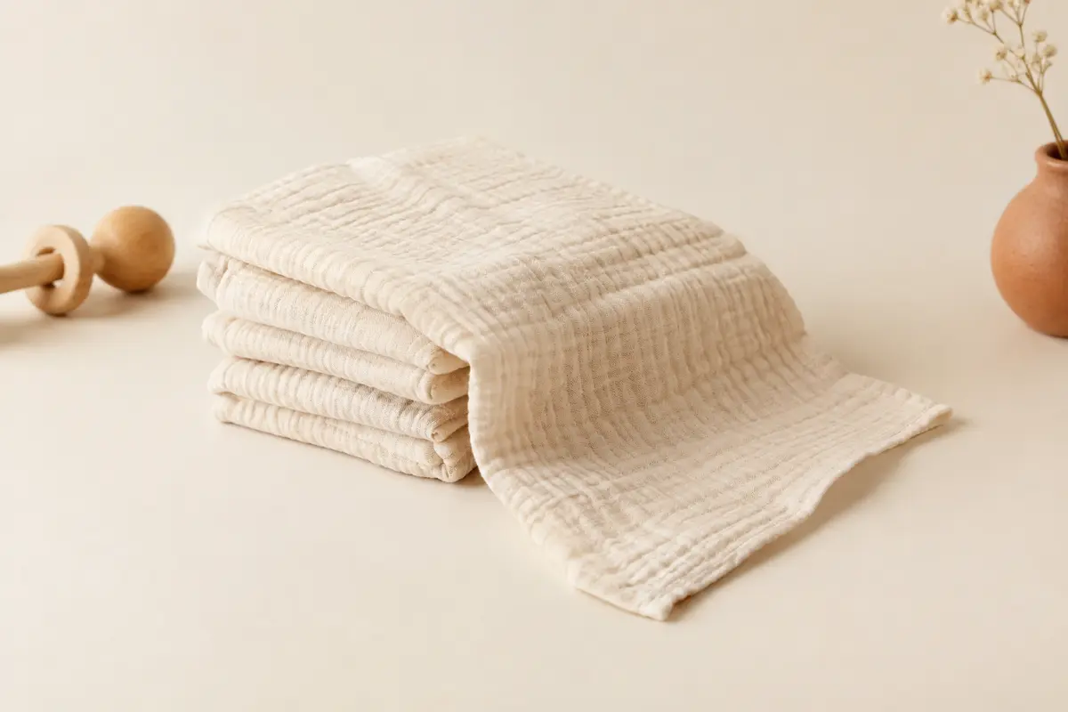Lot de langes bébé en mousseline de coton beige, empilés près d’un carré déplié sur fond crème.