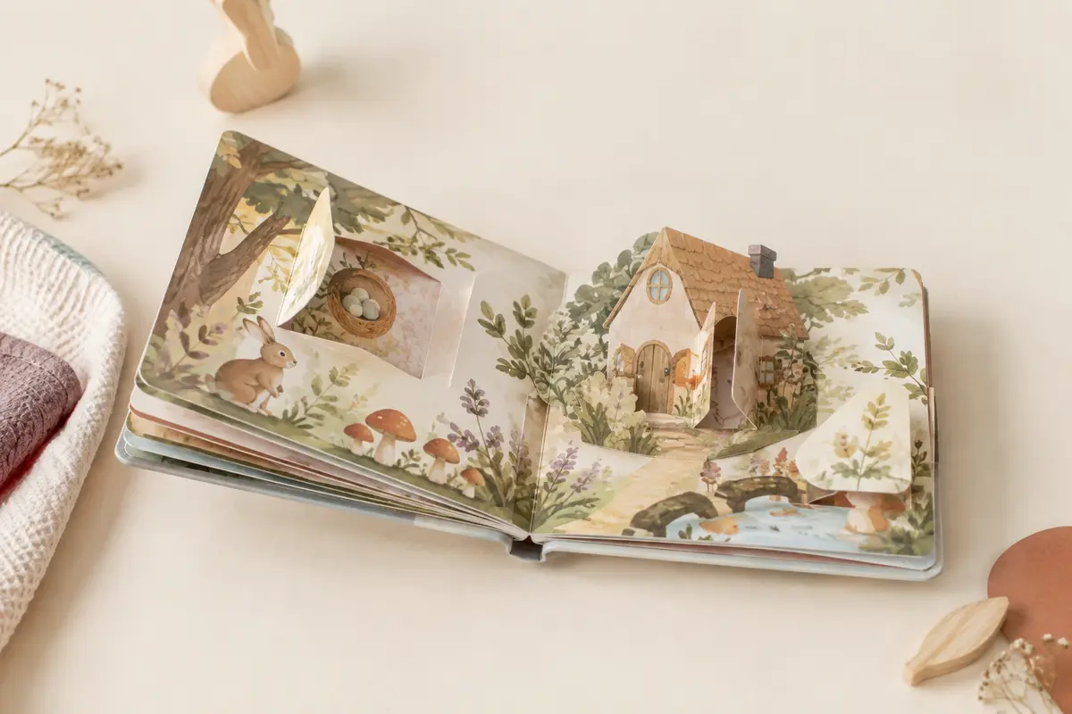 Album de bébé à couverture rigide ouvert sur des pages animées, posé dans un décor crème et bois clair.