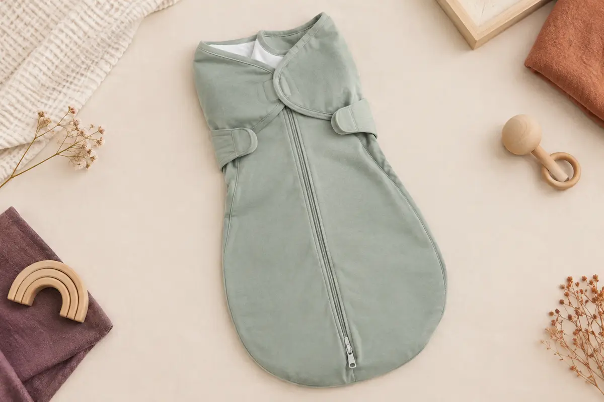 Gigoteuse d’emmaillotage en coton vert, présentée seule sur un fond crème aux tons doux.