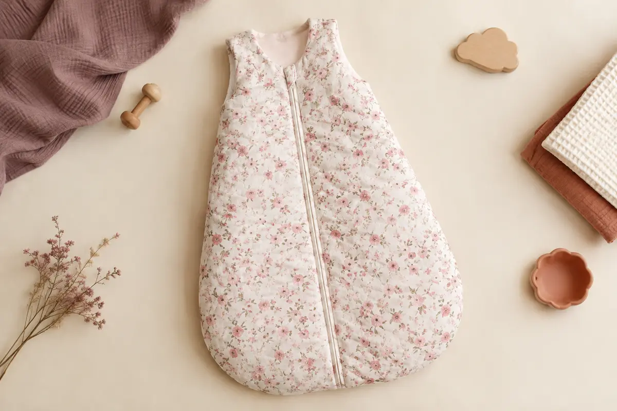 Gigoteuse bébé ouatinée en coton à motif fleuri rose, présentée seule sur un fond crème et du bois clair.