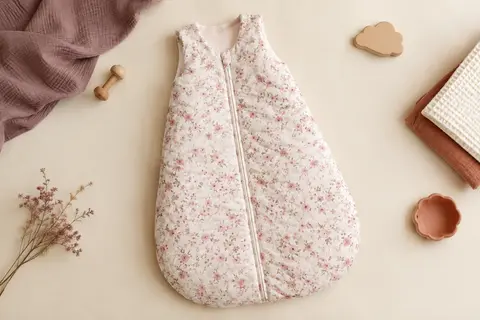 Gigoteuse bébé ouatinée en coton à motif fleuri rose, présentée seule sur un fond crème et du bois clair.