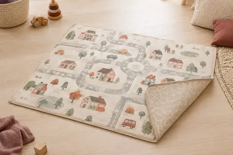 Tapis de jeu bébé déplié, avec motif ville et face géométrique beige visible dans une pièce lumineuse