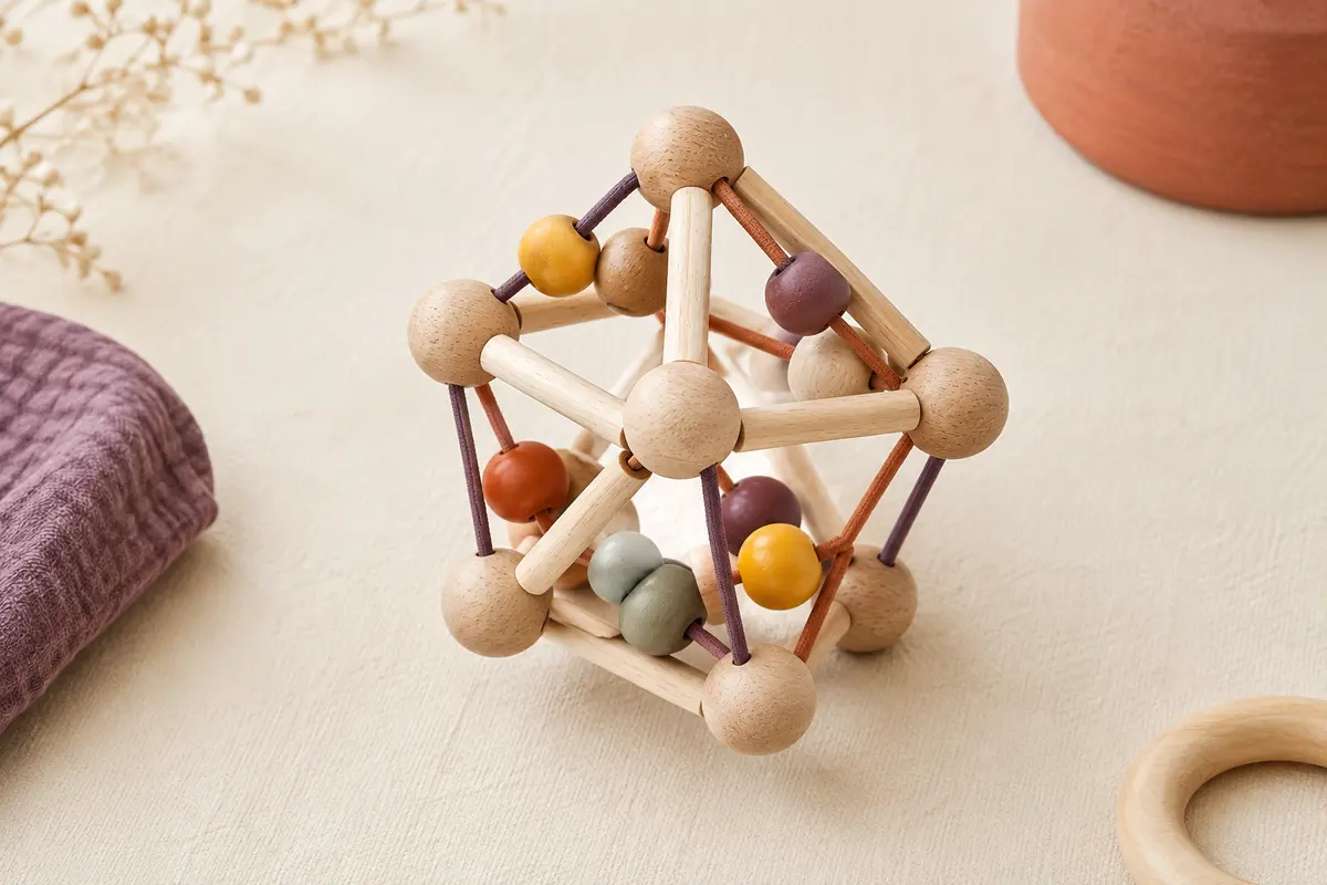 Hochet Skwish en bois naturel avec des perles colorées et une structure géométrique souple sur fond crème.