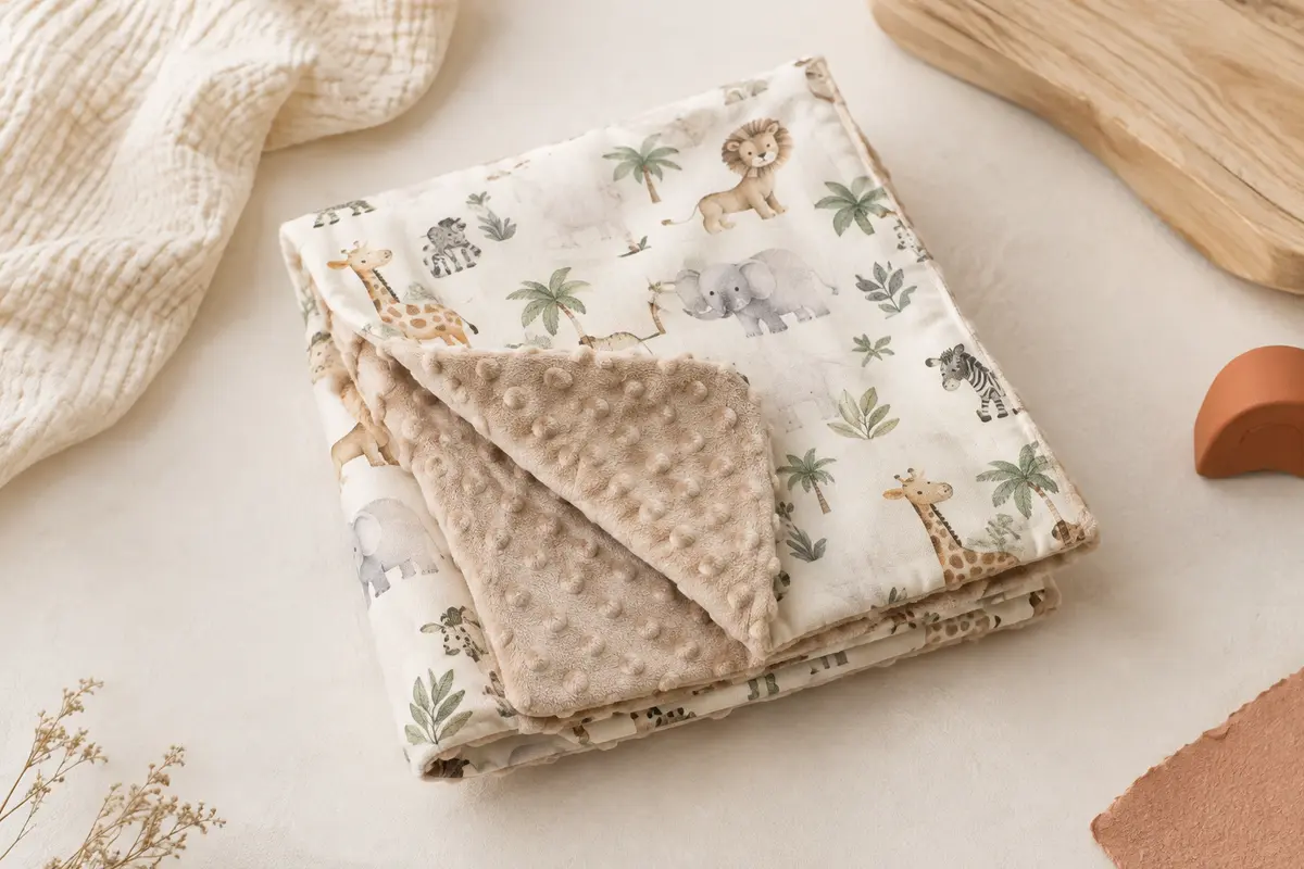 Couverture bébé double face, coton à motif safari et Minky beige, pliée sur un fond crème
