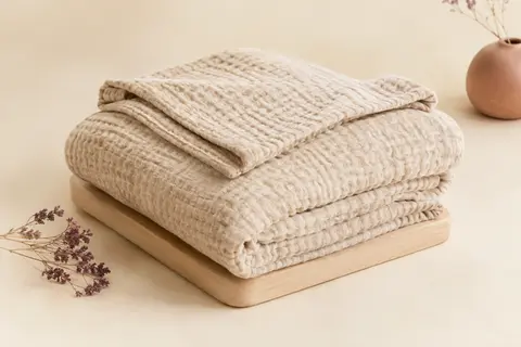 Couverture bébé beige en mousseline de coton gaufrée et pliée sur un fond crème près d’un support en bois clair.