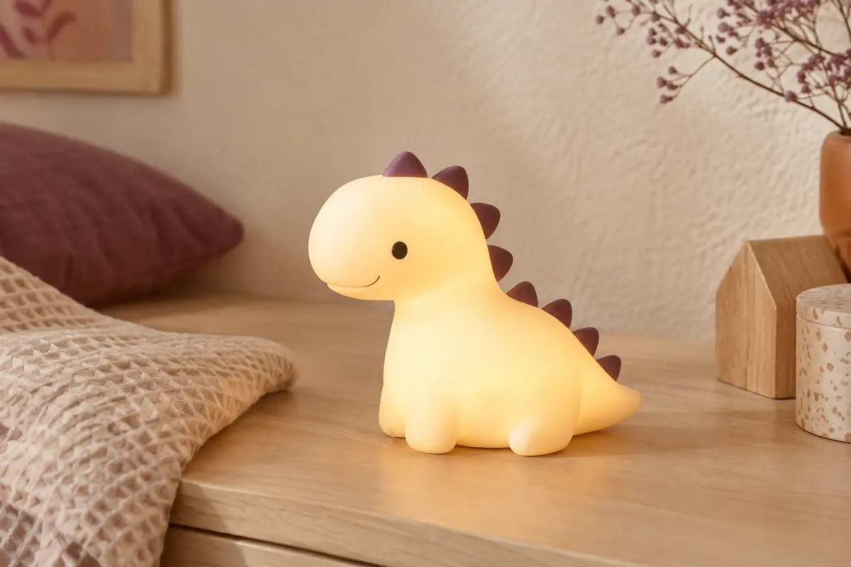 Veilleuse en silicone en forme de dinosaure, allumée sur une surface claire près d’un tissu gaufré.