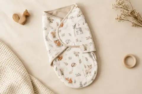 Lange d’emmaillotage Meyco en coton à motif d’animaux de forêt, posé sur un fond crème lumineux.
