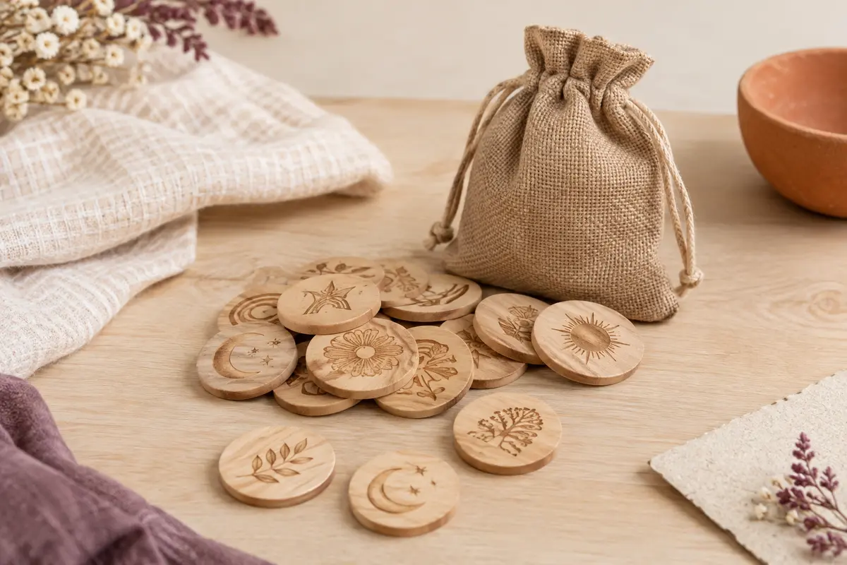 Disques étapes bébé en bois naturel disposés près de leur pochon en toile de jute sur un fond crème