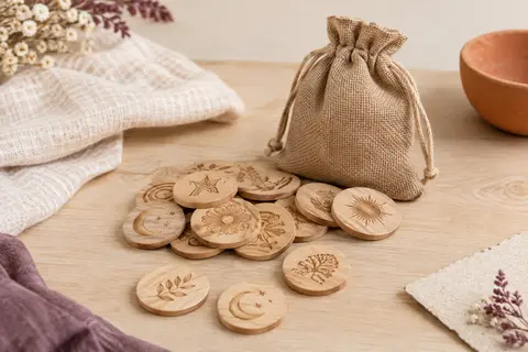 Disques étapes bébé en bois naturel disposés près de leur pochon en toile de jute sur un fond crème