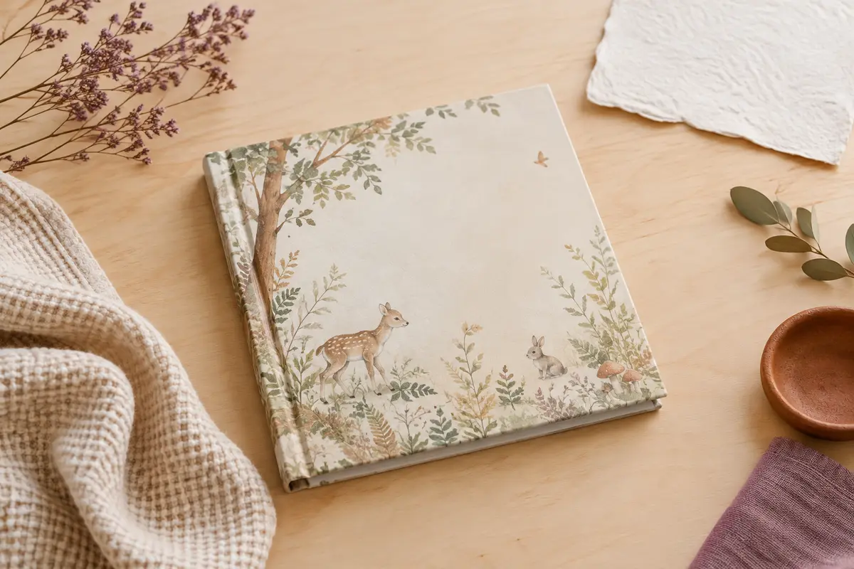Album de naissance carré à couverture rigide sur le thème de la forêt, posé sur un fond crème.