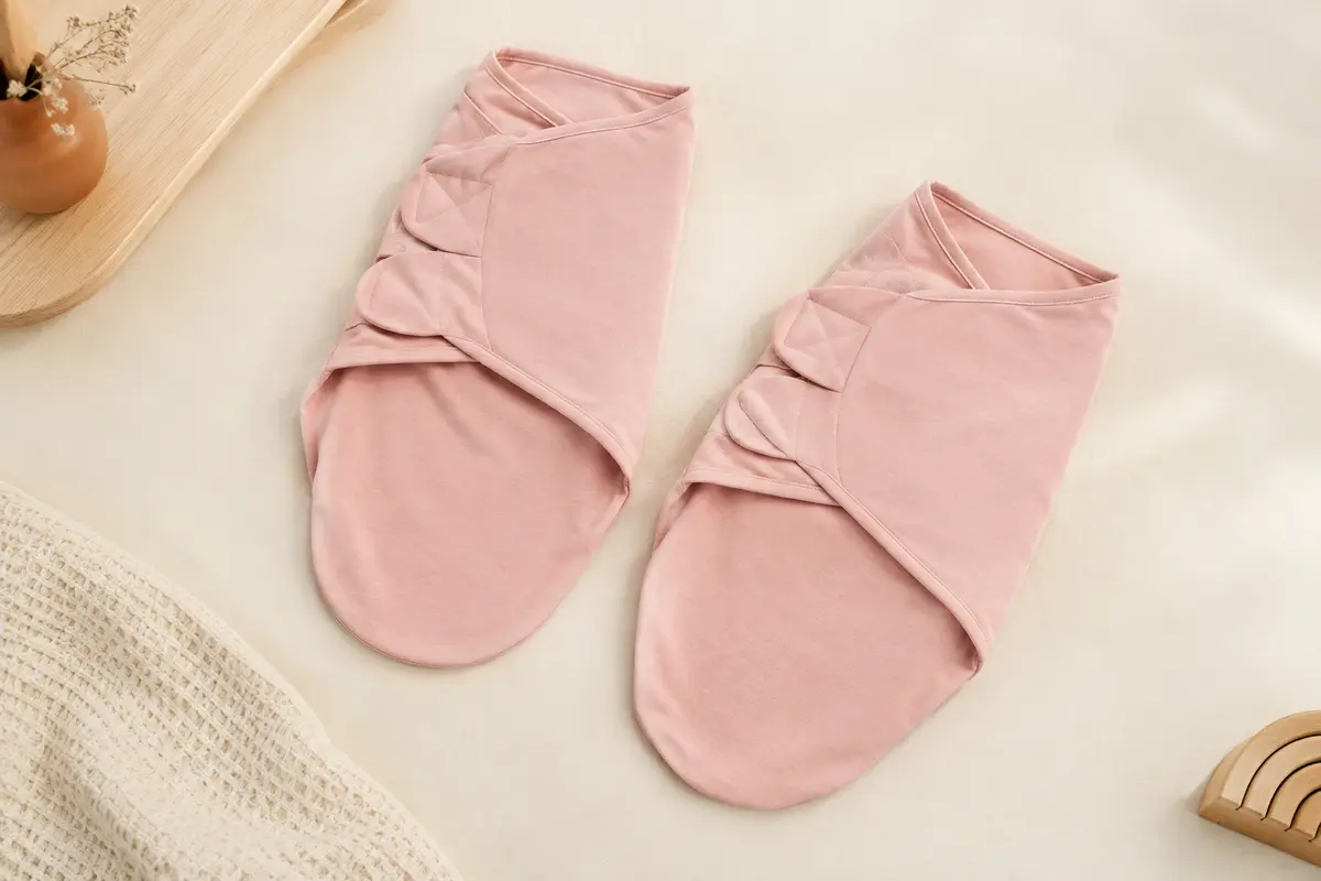 Deux couvertures d’emmaillotage roses en tissu souple, présentées sur un fond crème avec une touche de bois clair.