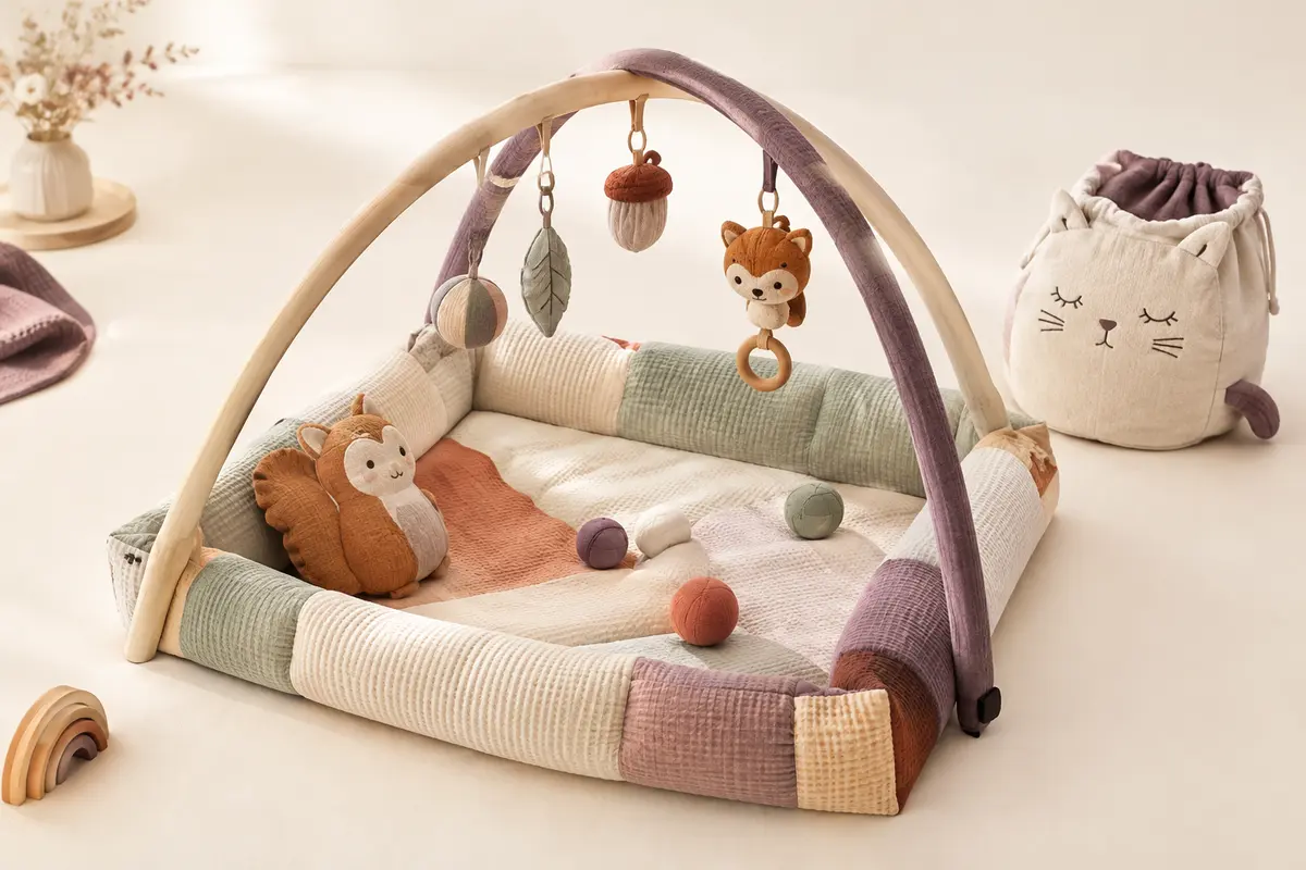 Tapis d’éveil multicolore avec deux arches, jouets suspendus, coussin écureuil et balles sur fond clair.