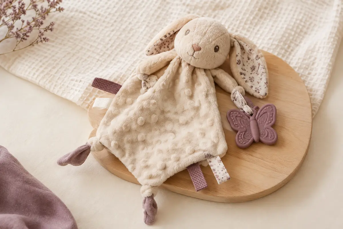 Doudou lapin en tissu doux avec oreilles froissées, rubans texturés et anneau de dentition en silicone